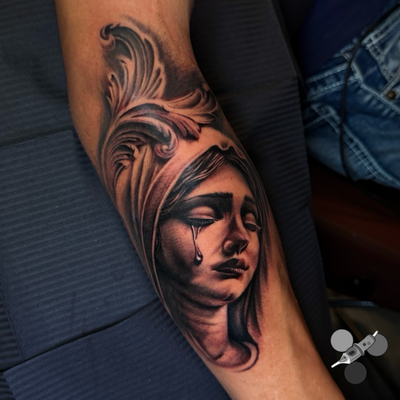 First session on this Virgin Mary quarter sleeve from the other day. Can’t wait … — tattoo by Luis Belloso, Whittier, California