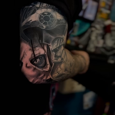 General Grievous filler for my clients sleeve!! I have had so much fun piercing … — tattoo by Luis Belloso, Whittier, California