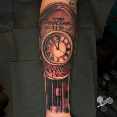 Little fix up on previous tattoo and adding a grandfather clock to his arm. Had … — tattoo by Luis Belloso, Whittier, California