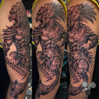 Had so much fun with my clients design of Guerrero the Jaguar warrior with his m… — tattoo by Luis Belloso, Whittier, California