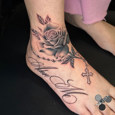 Absolutely love how this rose and rosary with lettering came out!!!! Would love … — tattoo by Luis Belloso, Whittier, California