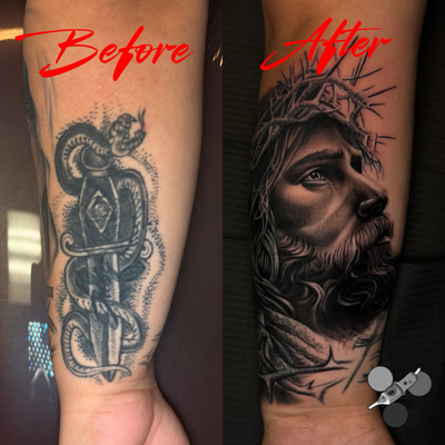 Yesterday’s cover up of a cover up!! Had so much fun bringing new life to my cli… — tattoo by Luis Belloso, Whittier, California