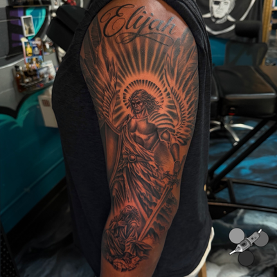 The prophet Elijah and The Archangel to start off my clients sleeve!! Had a blas… — tattoo by Luis Belloso, Whittier, California