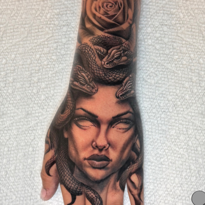 Really fun Medusa on the hand I had the privilege of doing!! Can’t wait to come … — tattoo by Luis Belloso, Whittier, California