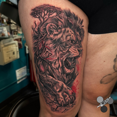 Lion from earlier this month. Had so much fun doing this one!!! Booking Septembe… — tattoo by Luis Belloso, Whittier, California