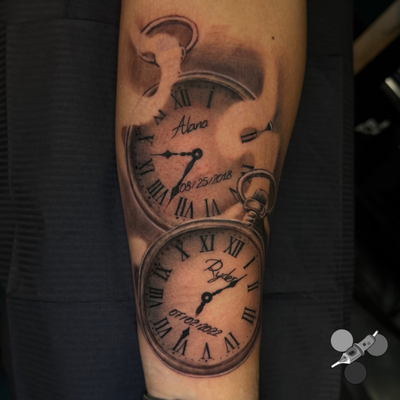 Two pocket watches for the homies two kids. Had a good time catching up and crea… — tattoo by Luis Belloso, Whittier, California