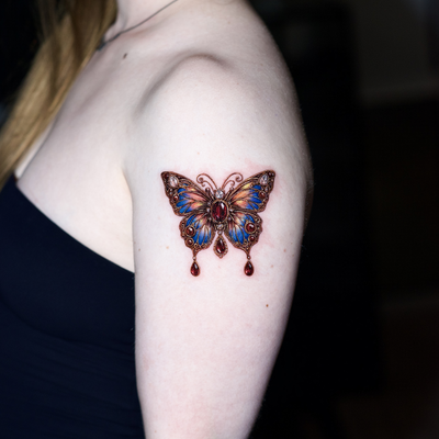 Jewellery butterfly tattoo — tattoo by Sagdiana  Kashaeva, Boston, Massachusetts