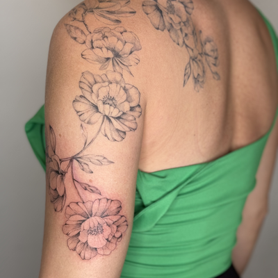 fine line black and grey peonies. some of my favorites! — tattoo by Marlo Marquise, Austin, Texas