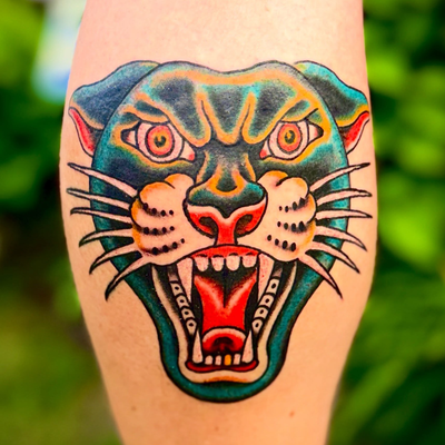 Cool cat 🐈‍⬛ blue panther 
Should I have picked a tougher song? Which one? 
I c… — tattoo by Greg Sternin, Gilbert, Arizona