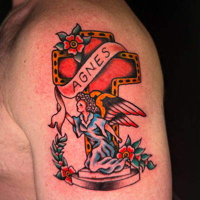 For Agnes 🪽
These traditional memorial tattoos are the best!

Send me your idea… — tattoo by Greg Sternin, Gilbert, Arizona