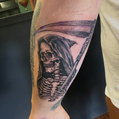 #blackandgreytattoo #grimreapertattoo #allegoryink #michigantattooartist — tattoo by Jacob Anderson, Battle Creek, Michigan