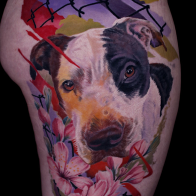 Thisbis one of my favorite dog portraits. I really like the abstract background … — tattoo by Brandon  Quinn, Phoenix, Arizona
