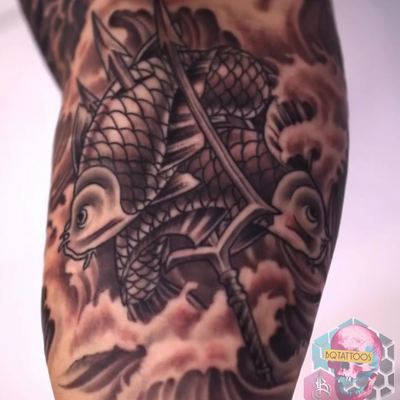 🔱🐟 Koi, waves, and warrior spirit. This Japanese-inspired inner bicep piece co… — tattoo by Brandon  Quinn, Phoenix, Arizona