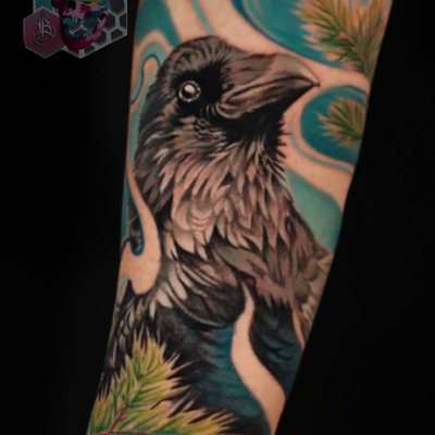 A raven is one of those subjects that never goes out of style. Every element was… — tattoo by Brandon  Quinn, Phoenix, Arizona
