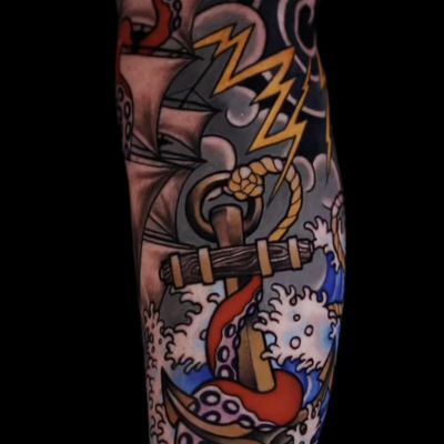 Ship and Kraken! 

Bold color, clean lines, and classic Japanese-inspired imager… — tattoo by Brandon  Quinn, Phoenix, Arizona