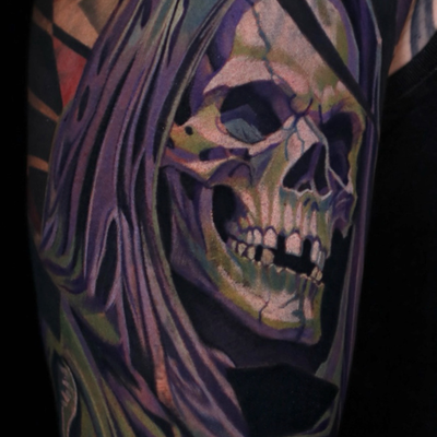 full sleeve cover up inspired by one of my paintings. — tattoo by Brandon  Quinn, Phoenix, Arizona