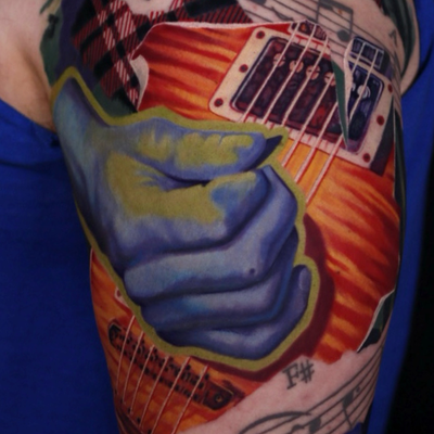90s grunge inspired music sleeve. I really love the abstract design with the pla… — tattoo by Brandon  Quinn, Phoenix, Arizona