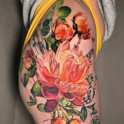 Finished color realism floral thigh piece including a pink peony, tulips, lavend… — tattoo by Irina Shapiro, Somerville, Massachusetts