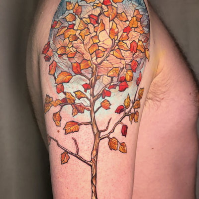 Stained glass mulberry tree on the outer arm, done from a color realism perspect… — tattoo by Irina Shapiro, Somerville, Massachusetts