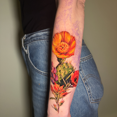 Having a lovely time doing this color realism desert floral piece on the forearm… — tattoo by Irina Shapiro, Somerville, Massachusetts
