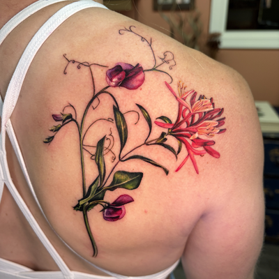 Color realism purple/pink sweet pea and pink honeysuckle — tattoo by Irina Shapiro, Somerville, Massachusetts