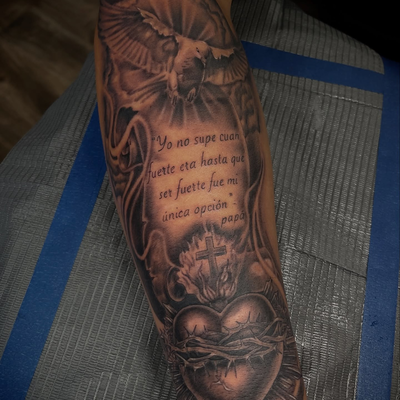 fun piece done dove with a letter and a sacred heart thanks @_bruno.ig for sitti… — tattoo by Nicolas Caselin, San Jacinto, California