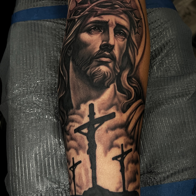 Jesus piece done on the month of the lord🙏 thanks @tactical.fitness_ for the tr… — tattoo by Nicolas Caselin, San Jacinto, California