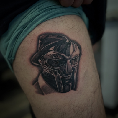 Mf Doom done couple weeks ago🙏💯 Bookings available link in bio for info taking… — tattoo by Nicolas Caselin, San Jacinto, California