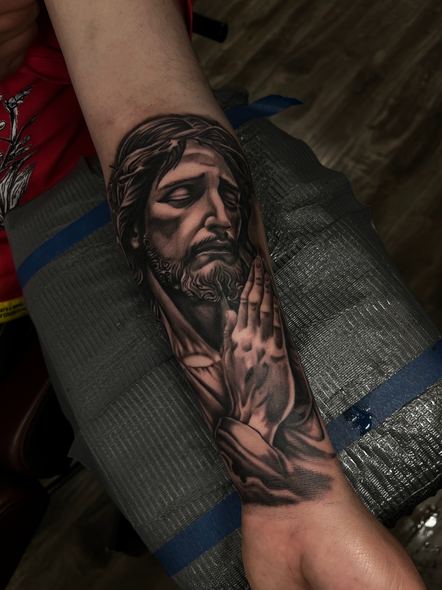 Jesus piece on my boi @andres._robles13 for the trust 🙏💯 
Books open if intere… — tattoo by Nicolas Caselin, San Jacinto, California