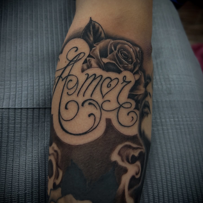 Some script done on the lady from the other day and sum touch ups on old stuff d… — tattoo by Nicolas Caselin, San Jacinto, California