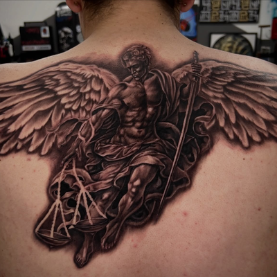 2 day back piece of an archangel done 🙏💯 Looking to do more large scale projec… — tattoo by Nicolas Caselin, San Jacinto, California