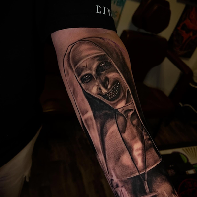 Valak piece done would like to do more horror tattoos like this if interested lm… — tattoo by Nicolas Caselin, San Jacinto, California