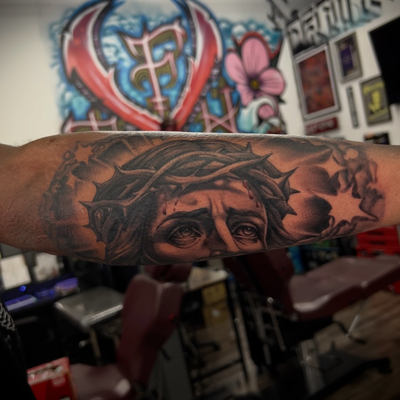 Another piece of my boi Jesús Cristo in the books🙏 thanks @sheluvzz.polo for th… — tattoo by Nicolas Caselin, San Jacinto, California