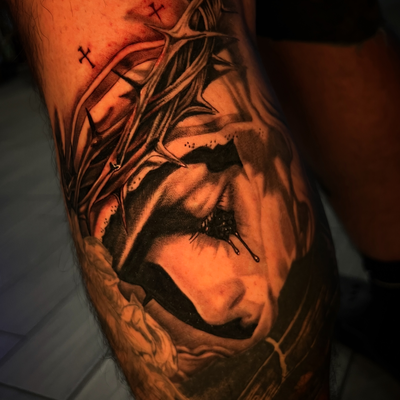 Weeping lady on my boi @_tofutattoo 👌💯 
(some fresh some healed) Now booking s… — tattoo by Nicolas Caselin, San Jacinto, California