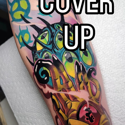 Got to do this cover up the other day. My client Gordon, wanted a lovecraftian, … — tattoo by Shaun Flinn, Harker Heights, Texas