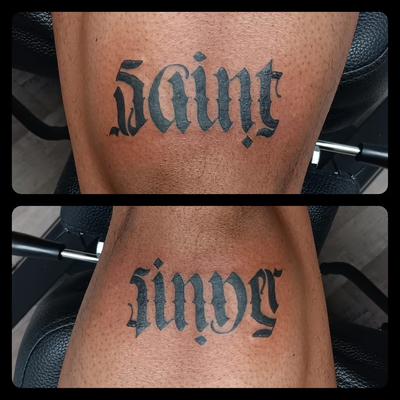 #ambigramtattoo #saintsinner — tattoo by Jim  Lyons, Portsmouth, Rhode Island