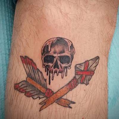 #skulltattoos #meltingskull — tattoo by Jim  Lyons, Portsmouth, Rhode Island