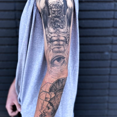 Atlas and Greek mythology theme sleeve — tattoo by Cihan Pohrenk, Los Angeles, California
