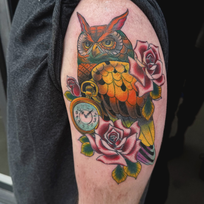 Neo Traditional owl — tattoo by Cihan Pohrenk, Los Angeles, California