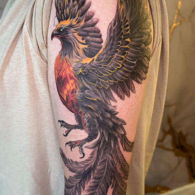 Phoenix rising — tattoo by Cihan Pohrenk, Los Angeles, California