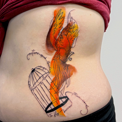 watercolor phoenix — tattoo by Cihan Pohrenk, Los Angeles, California
