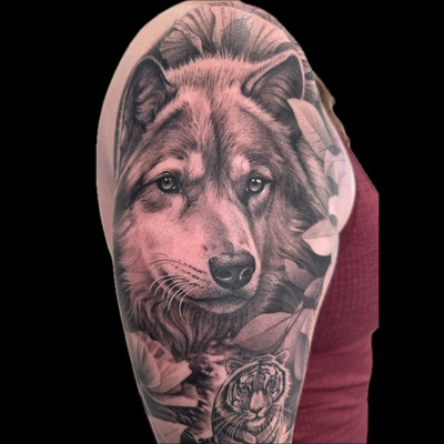Two long days on Jennie for the start of her sleeve. — tattoo by Britt Freyer, Rocky Hill, Connecticut