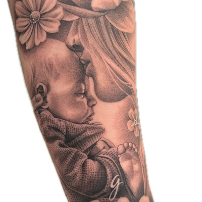 Mother and Son portrait with floral <3 — tattoo by Britt Freyer, Rocky Hill, Connecticut