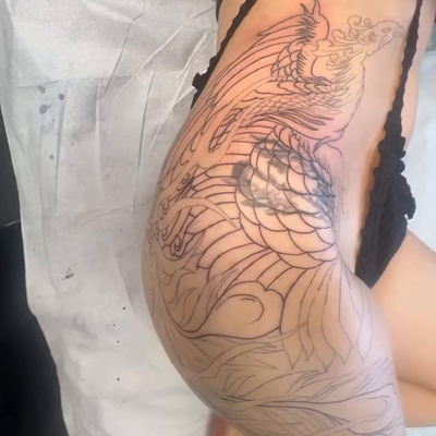 A phoenix rising from the ashes. 🔥
This full leg piece began as a cover-up, tra… — tattoo by Jessica Hurteau, Newport Beach, California