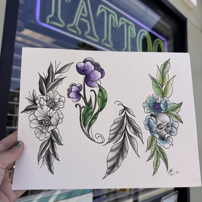 Some recent hand painted floral and skull concepts available for tattooing 🌿
Al… — tattoo by Jessica Hurteau, Newport Beach, California