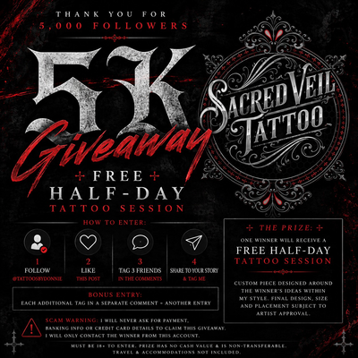 🎉 5K GIVEAWAY — FREE HALF-DAY TATTOO SESSION 🎉

We officially hit 5,000 follow… — tattoo by Donnie Reynolds, Pueblo, Colorado