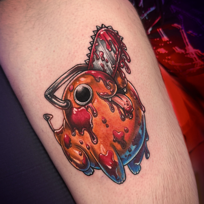 Pochita from Chainsawman series — tattoo by Egor Kubrak, Boston, Massachusetts