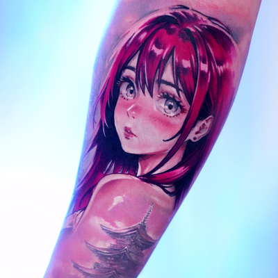 anime female character — tattoo by Egor Kubrak, Boston, Massachusetts