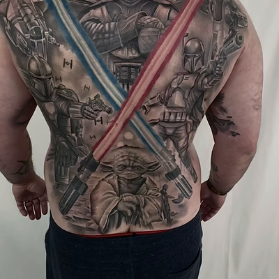 Tattoo by 32tattoos: created this full back piece inspired in the Star Wars Saga. in the video you ca…