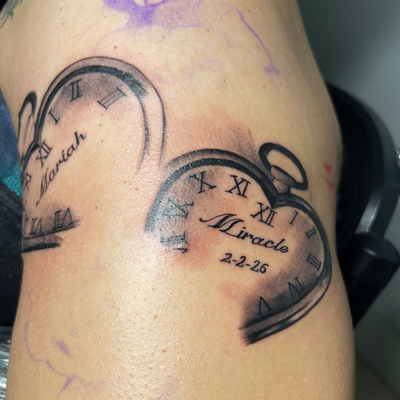 First session on a heart stop watch, next session will add flowers 🌺 — tattoo by Alivia Mazile, Laurelton , New York